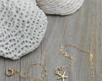 Aquamarine anklet, 14k gold filled, aquamarine gemstone & tiny starfish, delicate ankle bracelet, gold anklet, beach wedding, bridesmaids