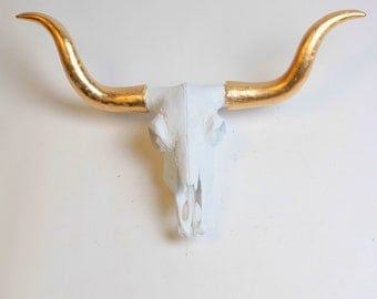 White Cow Skull w/ Gold Longhorn -The Savannah - Large White Resin Skull Animal Head by White Faux Taxidermy- Faux Animal Head Wall Art