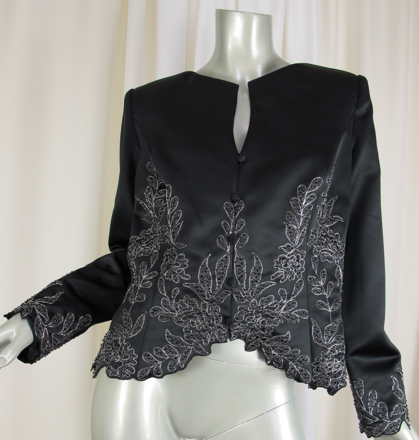 Vintage 60’s VICTORIA ROYAL Womens Jacket Size M Black Satin Beaded ...