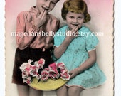 French RPPC Digital Download 1910's Boy and Girl With Flowers Real Photo Post Card Hand Tinted Aqua Blue Pink French RPPC Digital Download 1910's Boy and Girl With Flowers Real Photo Post Card Hand Tinted Aqua Blue Pink