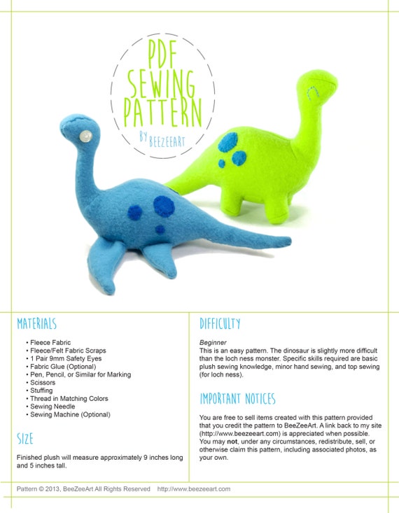 Dinosaur and Loch Ness Monster Stuffed Animal Plush Toy Sewing Pattern