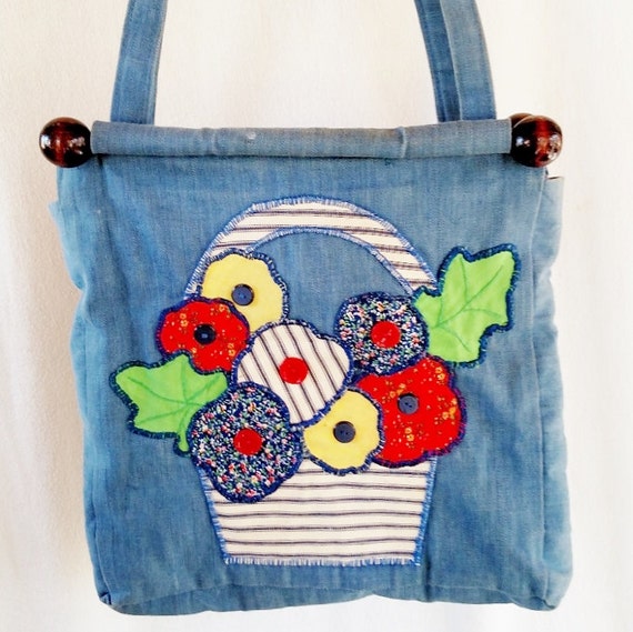 Vintage 70s Denim Button Flower Handbag by good2byou on Etsy