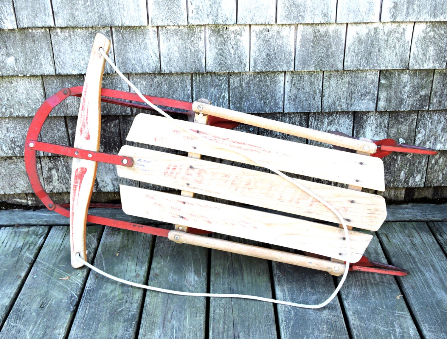 Vintage Snow Sled Child's Wood Kick Snow Sliding Sled