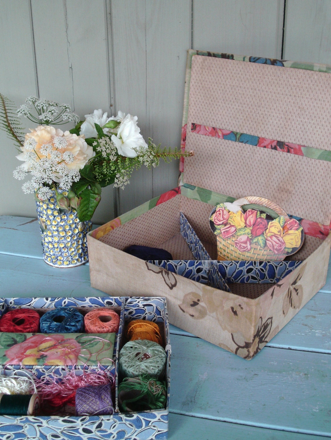 Antique chintz covered workbox with threads. – Haute Juice