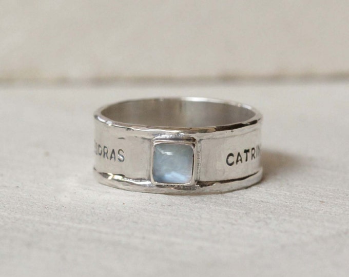 Hand Stamped, Personalised Ring, Initials Ring, Unisex Moonstone Ring, Hammered Band, Solid Sterling Men's Ring, Stylish Men's Ring