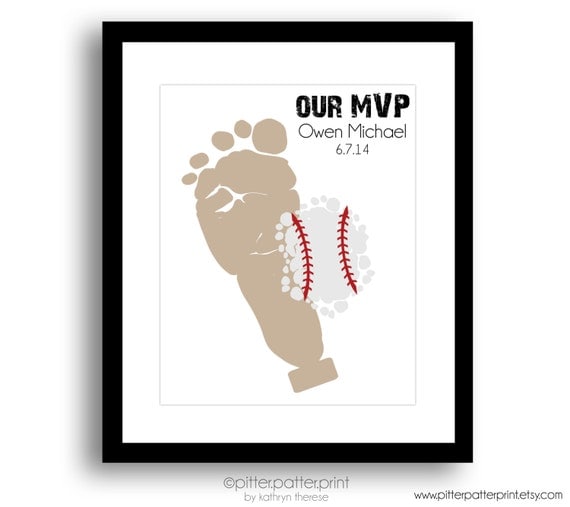 Sports Nursery Baseball Baby Footprint Art by PitterPatterPrint