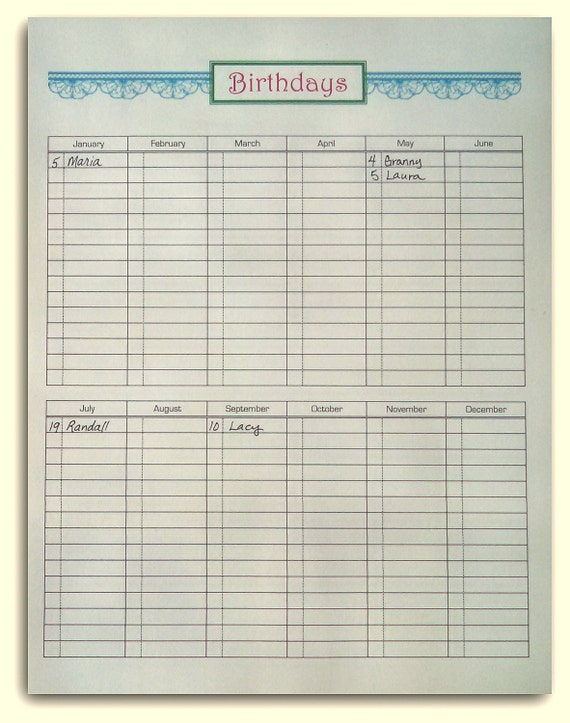 Birthday List Printable Form Digital Download