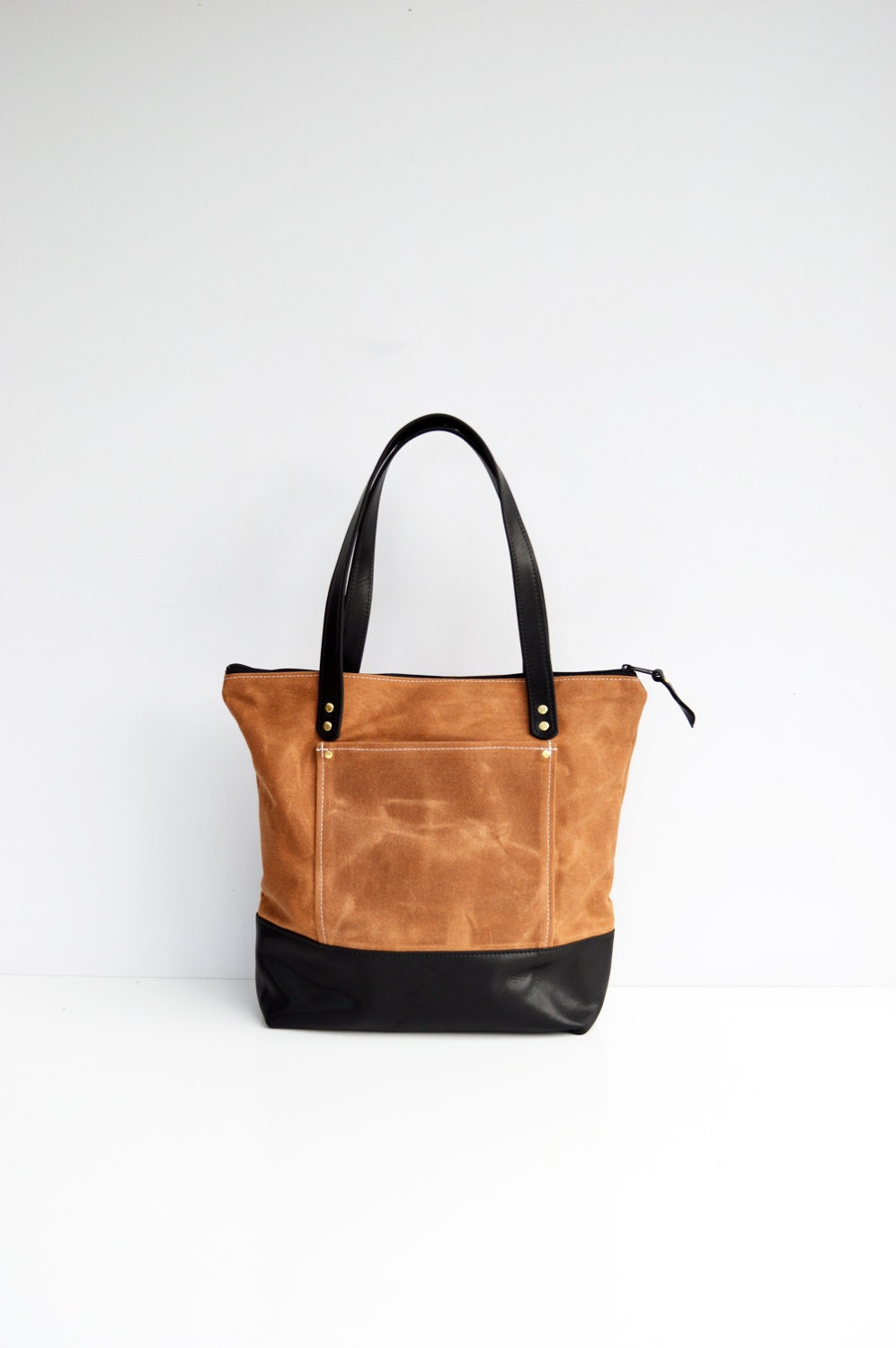 Tan waxed canvas and leather zipper pocket tote bag / Work bag