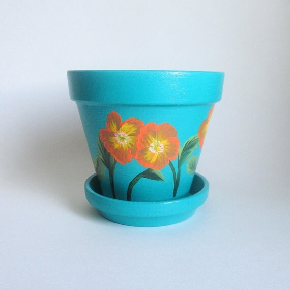 Flower Pot 4 inch Turquoise and Orange Floral Hand-painted