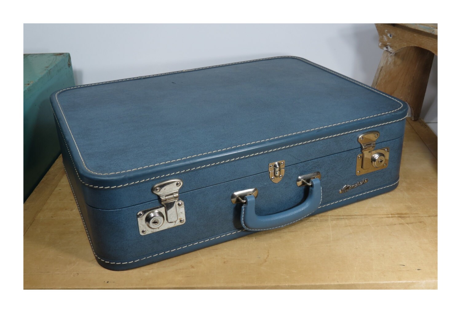 Blue Monarch Suitcase Mid Century Luggage Excellent