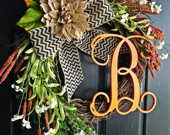 The Grand Fall Wreath With Vine Letter, Wreath for Thanksgiving, Chevron Burlap Wreath, Autumn Wreath, Fall Monogram Wreath, Fall Door Decor