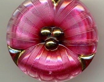 Czech glass button dark pink flower with gold - size 16, 36 mm FCB H084