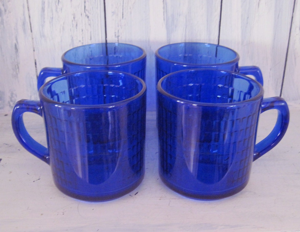 Vintage blue colored drinking glass mug set of 4 hot cold