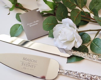 Personalized Monique Lhuillier Sunday Rose Cake Knife and Server Set - (2 pc) Custom Engraved Waterford Wedding Server Set - Wedding Gift