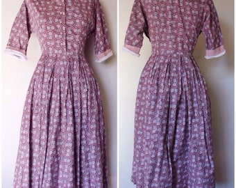 Vintage 1940s Dress | 50s Collar Dress | 1940s Novelty Print Dress | S - M