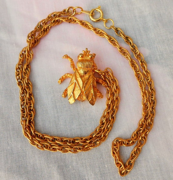 Gold Fly Necklace Insect Jewelry Upcycled Jewelry
