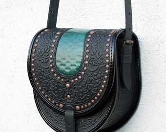 black green tooled leather bag - shoulder bag - crossbody bag - handbag - ethnic bag - messenger bag - for women - capacious