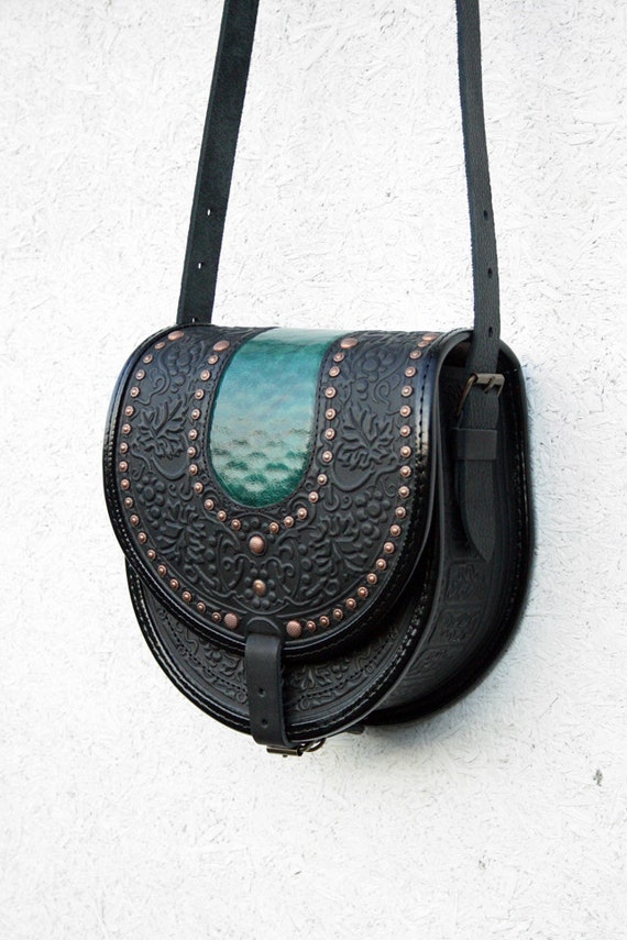 black green tooled leather bag - shoulder bag - crossbody bag ...