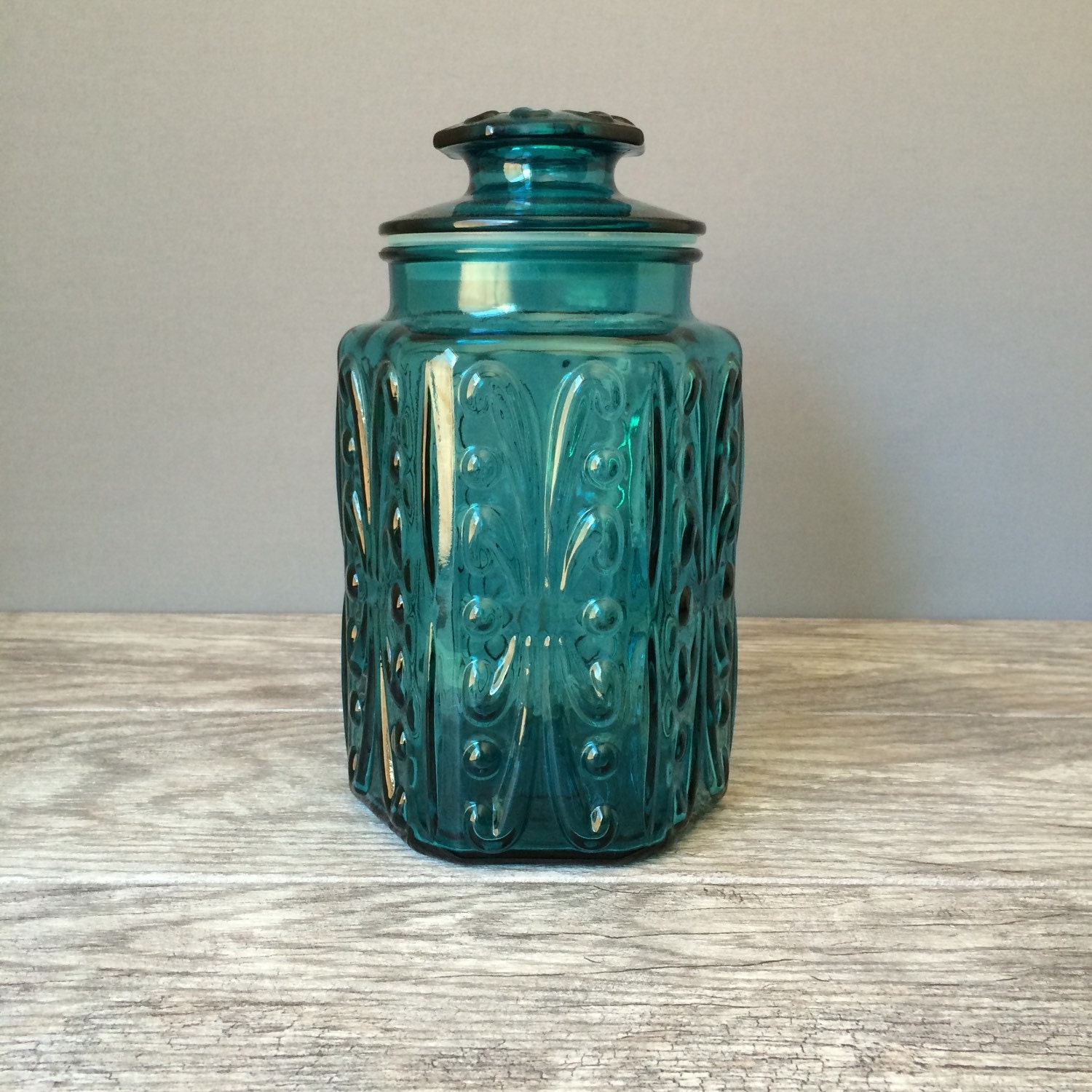 Imperial Glass Jar Atterbury Scroll Teal Glass Storage Container Jar ...