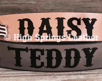 Engraved leather dog collar with American flag conchos
