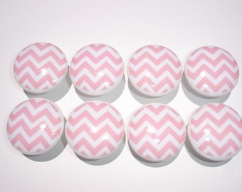 Set of 8 Pink and White Chevron Dresser Drawer Knobs