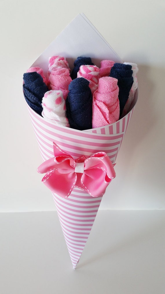 Baby Girl Washcloth Bouquet Pregnancy Gift Pink and Navy