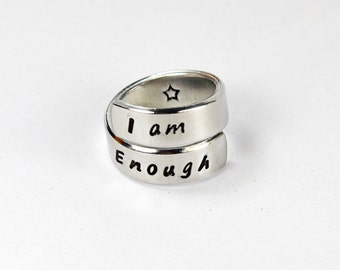 I Am Enough Ring, Aluminum Twist Wrap Ring, Gift Ring, Hand Stamped Adjustable Aluminum Ring V2