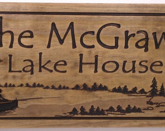 Lake House Signs Cottage Plaques Cabin Decor Welcome Signs Pine Tree Pine cone Fishing boat carved Sign Wooden Carved Cabin Plaque #59
