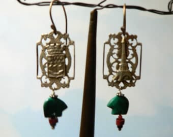French Souvenir Bracelet Link Earring with Malachite Fetishes