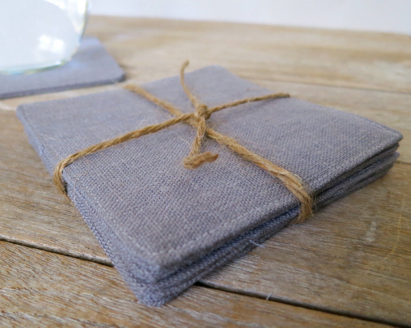 Set of 4 Grey Linen Coasters Fabric Coasters Cocktail