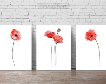 Red Poppies, Set of 3, Abstract Flower Painting, Watercolor Floral Idea, Poppy Home Decor, Flowers Art Print