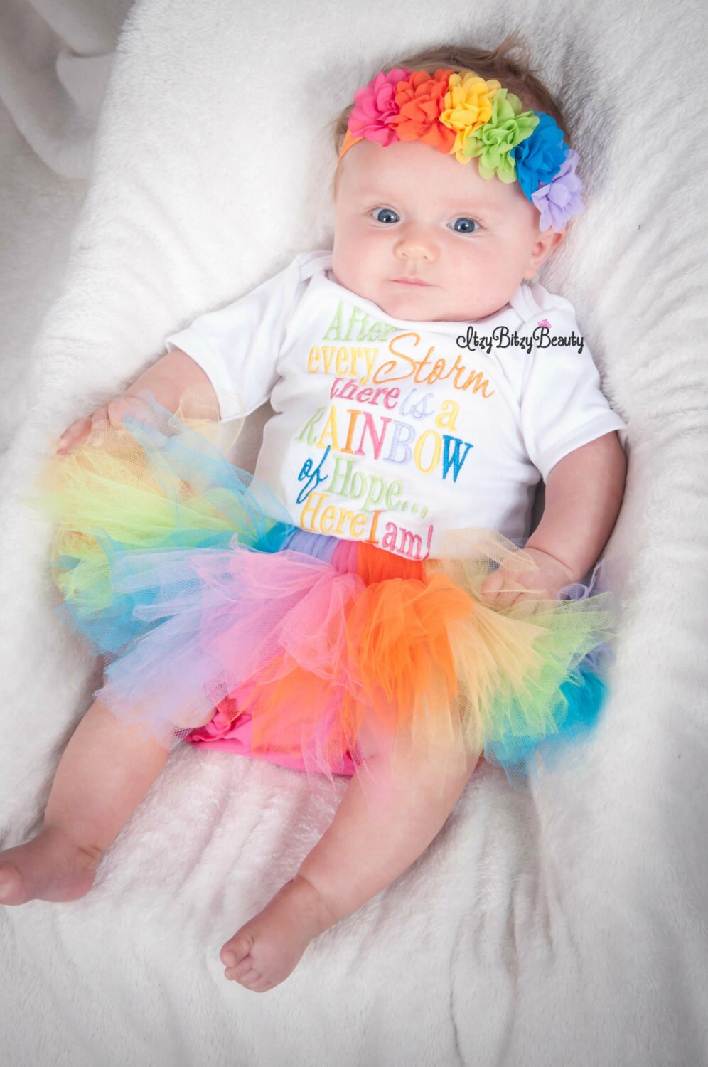 Rainbow baby girl TUTU flower headband embroidered bodysuit