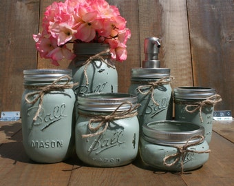 6 pc Mason Jar Bathroom Set. You CHOOSE YOUR COLORS! Custom-Painted-Toothbrush Holder -Soap Dispenser- Qtip- Cotton Ball- Rustic!