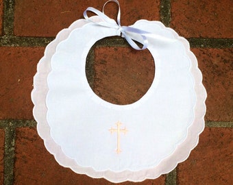 Baptism Bib, Baptismal Bib Christening Bib with Cross Embroidery Embroidered, Scalloped Pink or Blue Accents, Heirloom Monogrammed