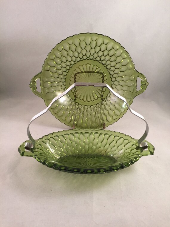 Vintage Green Indiana Glass Pattern Serving Dishes