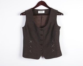 Chocolate Brown Women's Vest Linen Blend Formal Romantic Brown Waistcoat Medium Size