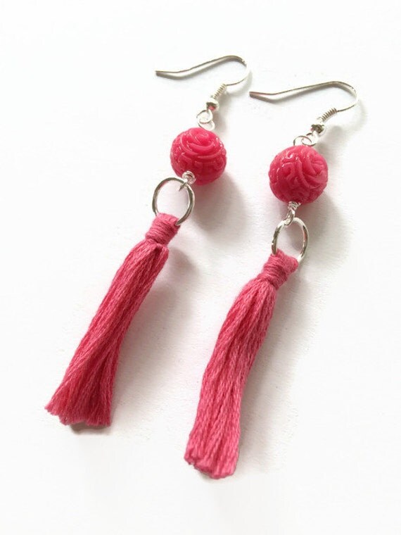 Items similar to ALICIA Hot Pink Tassel Earrings Pink Boho Fringe