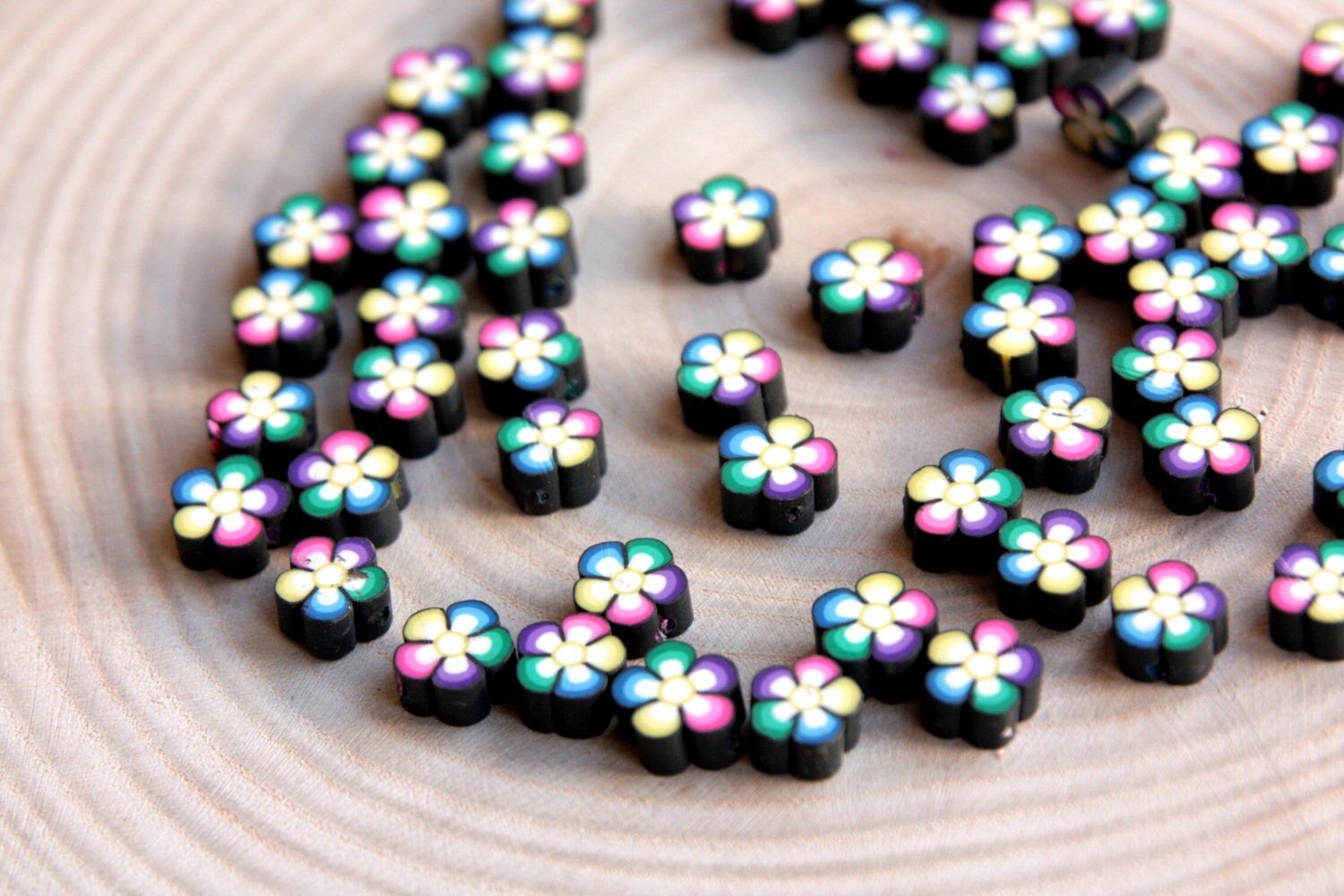 Polymer Clay Beads 50pcs Fimo Beads Black Flower Fimo by Cchange