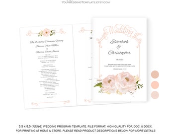 peach wedding programs instant download| DIY wedding program templates| order of ceremony| You edit the text| T124