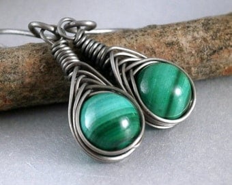 Grade 1 Pure Titanium Malachite Earrings Hypoallergenic Wire Wrapped Earrings Handmade Vintage Beads Copper Jewelry Titanium Earrings