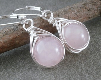 Pure Titanium Rose Quartz Earrings Silver Leverback Earrings Wire Wrapped Jewelry Handmade Herringbone Wrap Rose Quartz Jewelry Gem Dangles