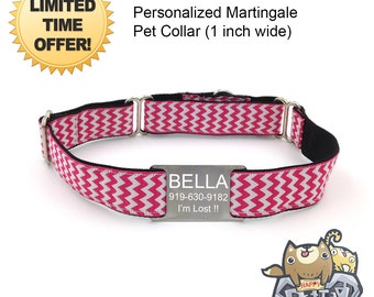 Personalized Martingale Dog Collar 1" - Martingale Collar Chevron Series FREE Engraved 304 Stainless Steel Collar Tag/ Adjustable - PINK