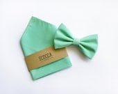 Bow Tie and Pocket square Men groom groomsmen,green mint,spring summer,Tie Papillon Handkerchief gift for witnesses,accessories personalized