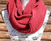 Gifts For Her, Gifts For Him, Red Infinity Scarf, Red Knitted Scarf, Red Hand-Knit Scarf, Red Circle Scarf, Red Knit Snood, Red Knit Cowl
