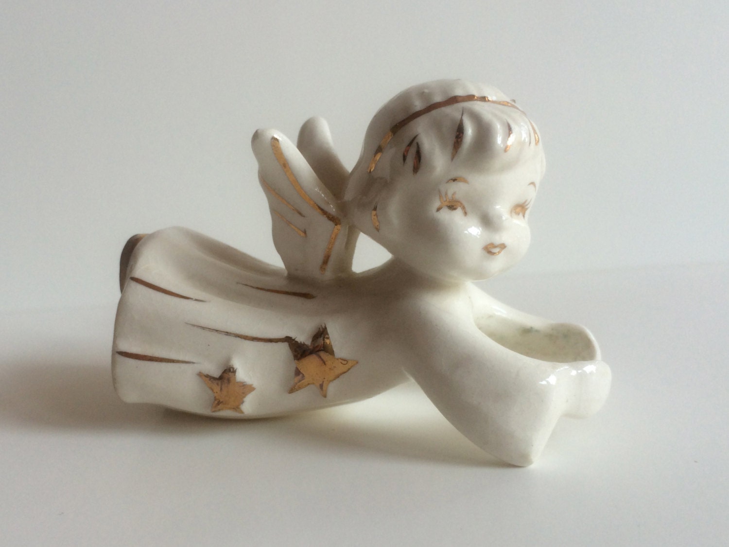 Vintage 1950s Angel Candle Hugger. White Ceramic Glaze With