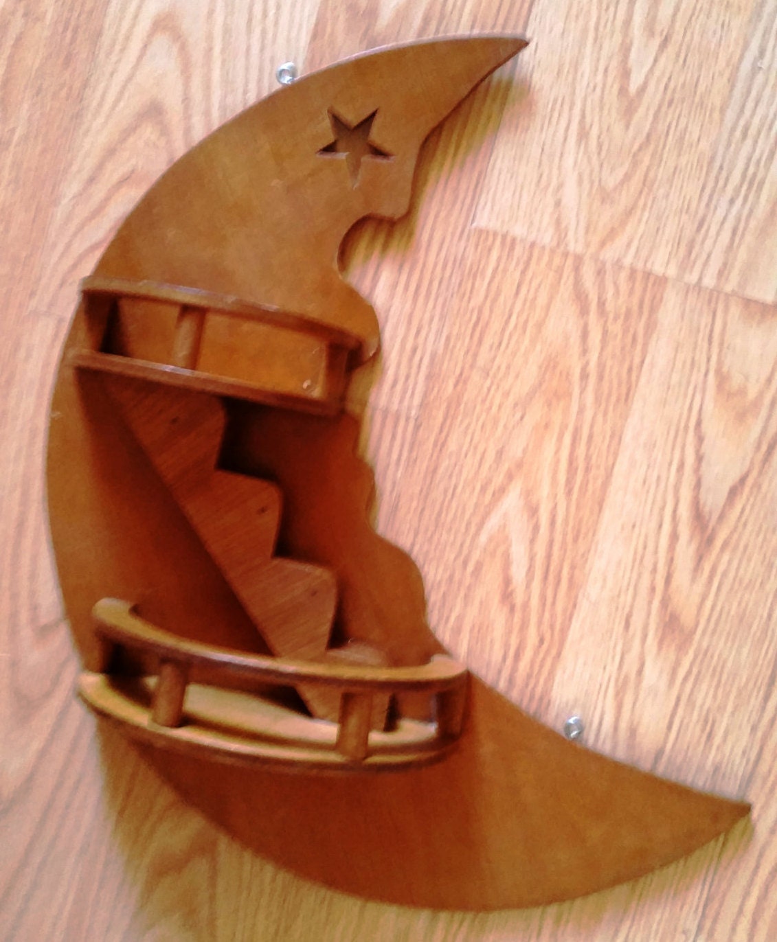 Art Deco Wooden Half Moon and Star Wall Shelf