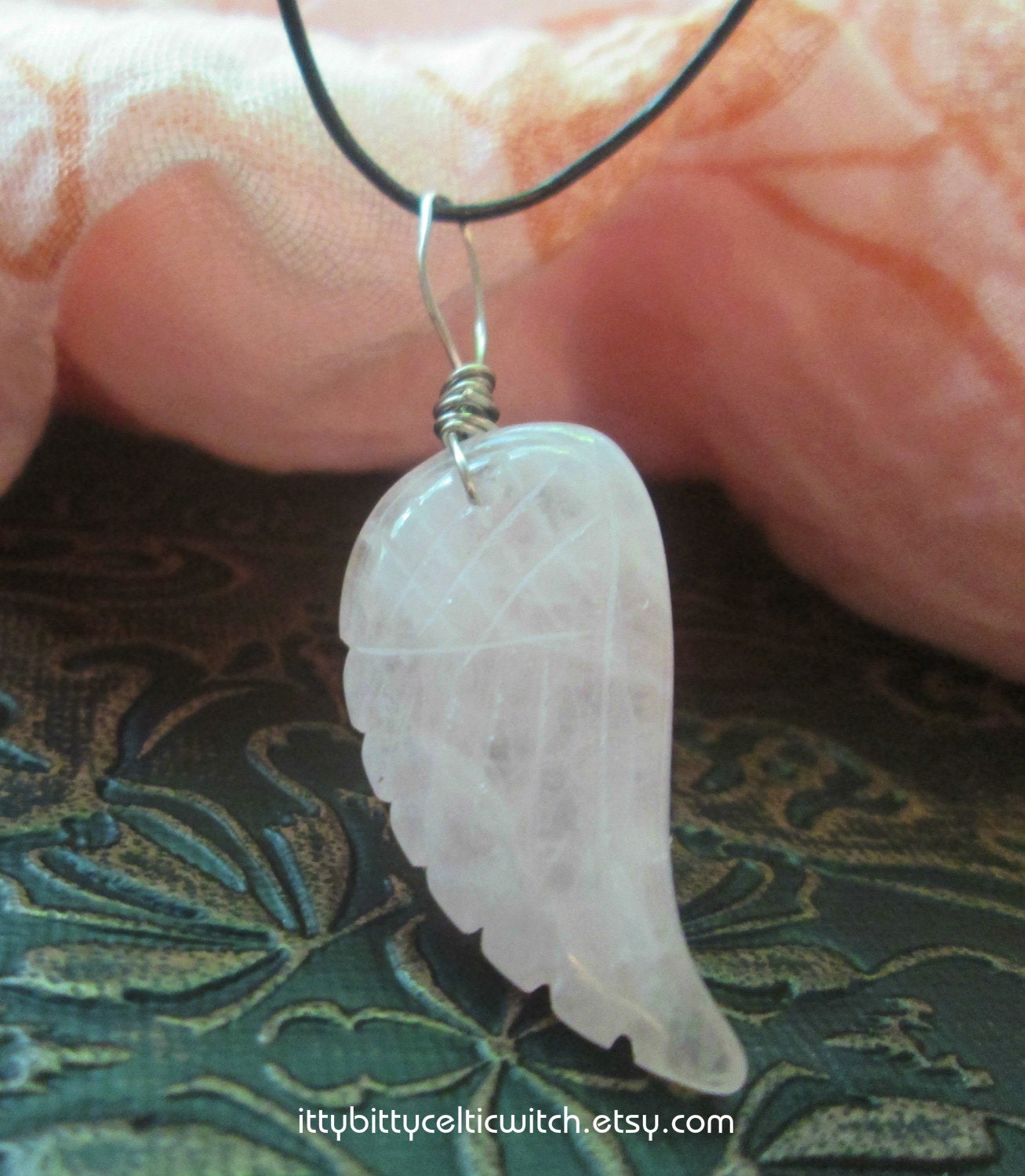 Rose Quartz Angel Wing Necklace with Black by IttyBittyCelticWitch