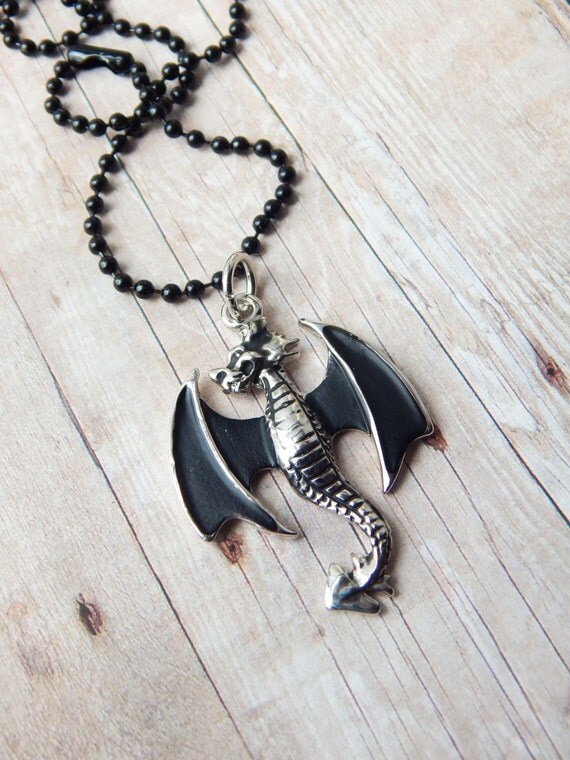 Items similar to Mens Dragon Necklace Black Silver Pendant Men's Silver