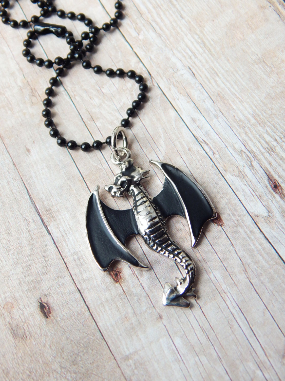 Mens Dragon Necklace Black Silver Pendant by HookingYouUpbyBerry