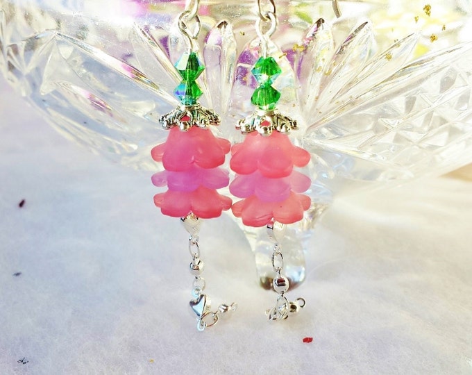 Pink Flower Dangle Earrings, Woodland Fairy Jewelry, Romantic Drop Earrings, Light and Dainty Summer Bridal Earrings
